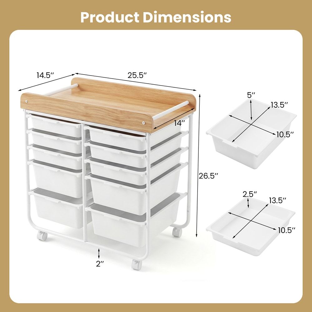 10-Drawer Rolling Cart with Wooden Tabletop and Lockable Wheels
