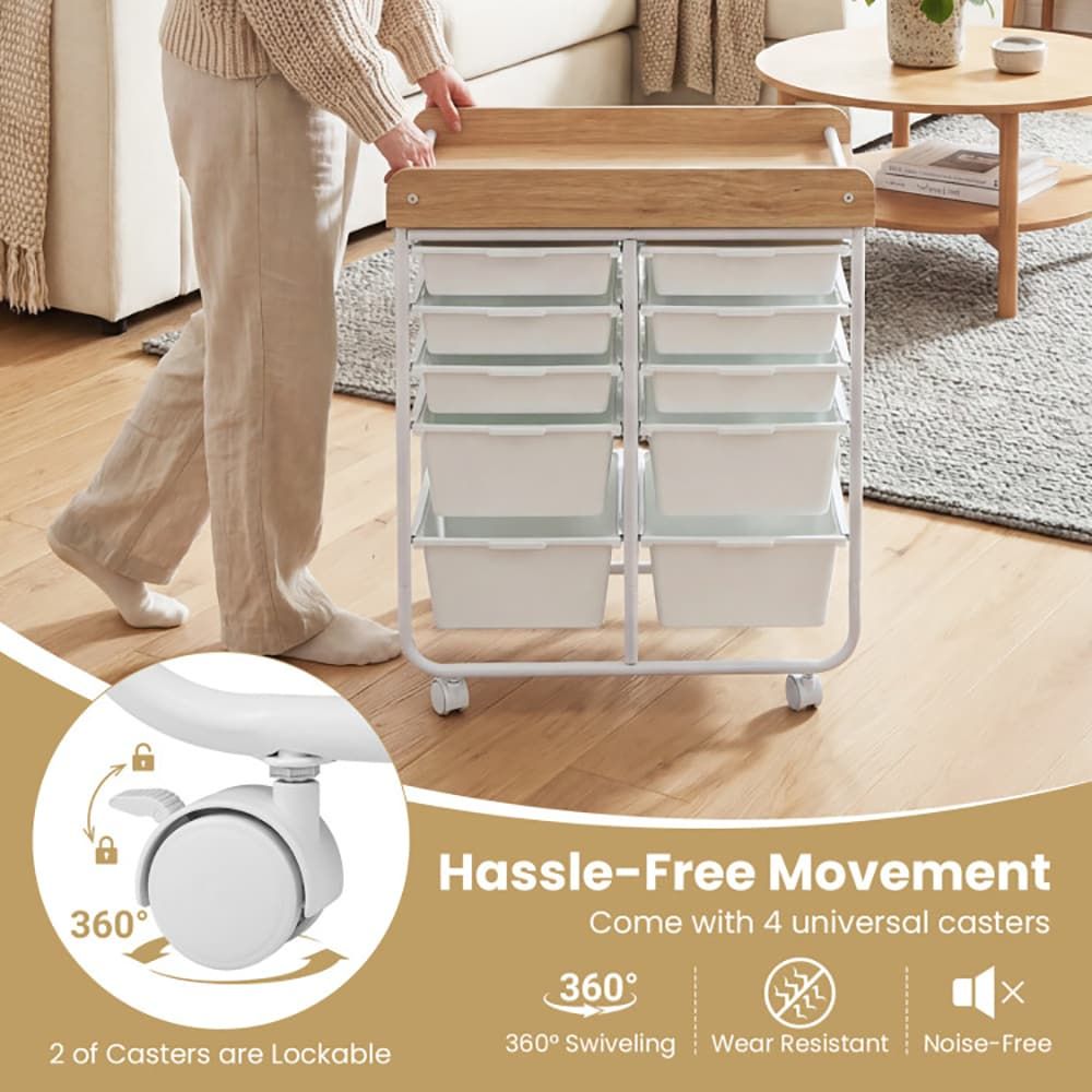 10-Drawer Rolling Cart with Wooden Tabletop and Lockable Wheels