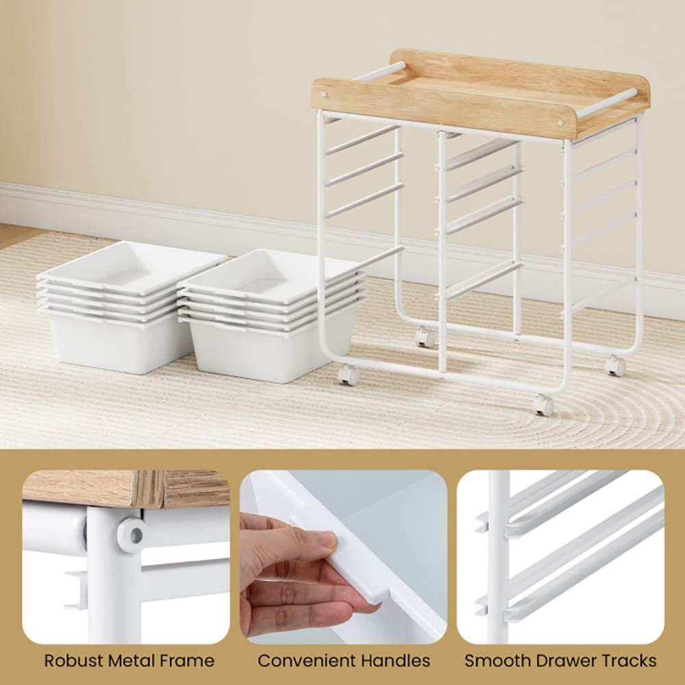 10-Drawer Rolling Cart with Wooden Tabletop and Lockable Wheels