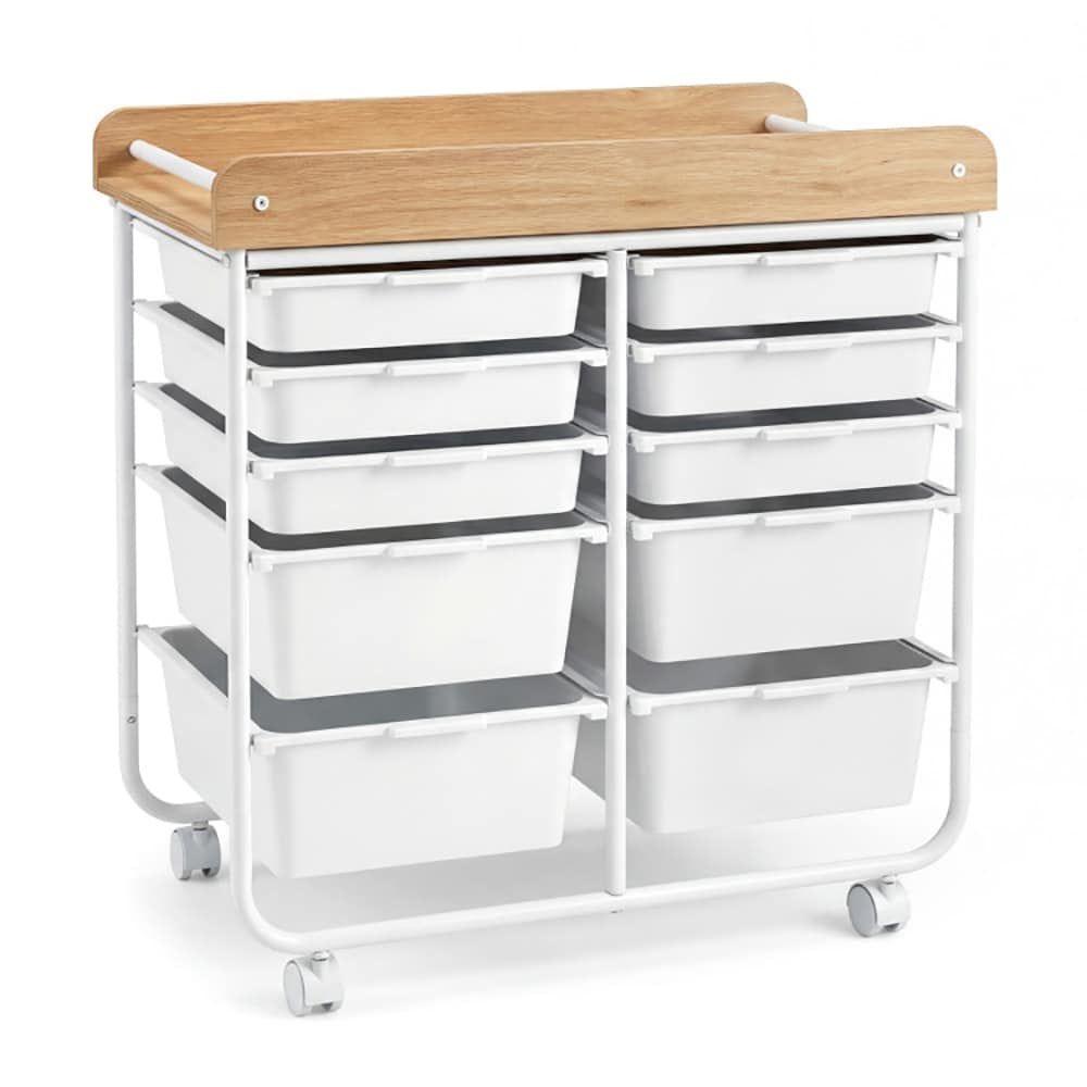 10-Drawer Rolling Cart with Wooden Tabletop and Lockable Wheels