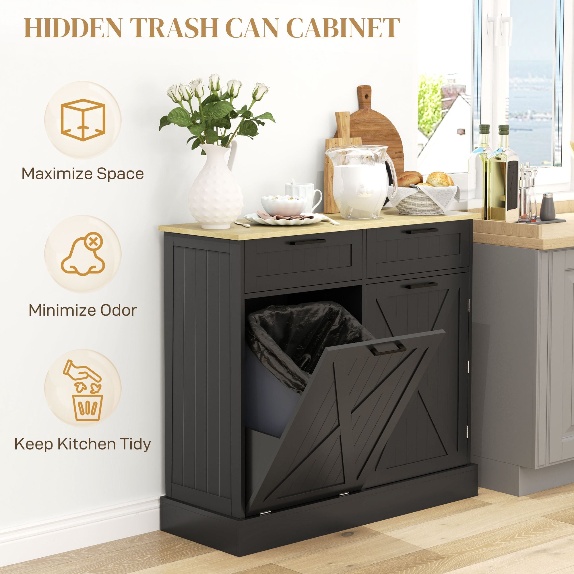 Farmhouse Kitchen Cabinet with Hidden Trash Can and Spice Rack