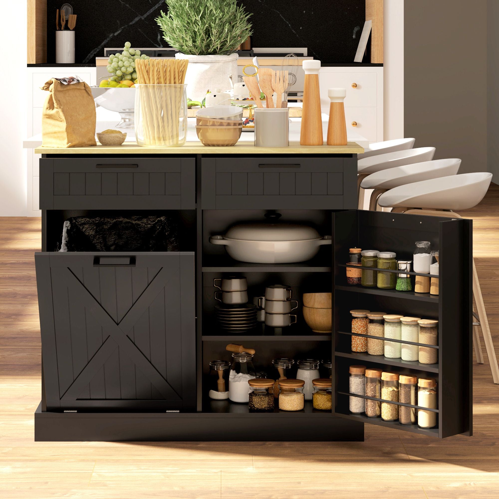 Farmhouse Kitchen Cabinet with Hidden Trash Can and Spice Rack