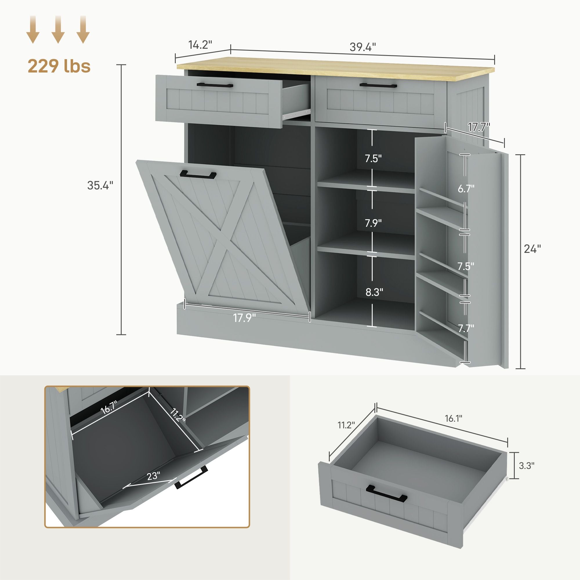 10 Gallon Farmhouse Cabinet with Hidden Trash Can and Drawers
