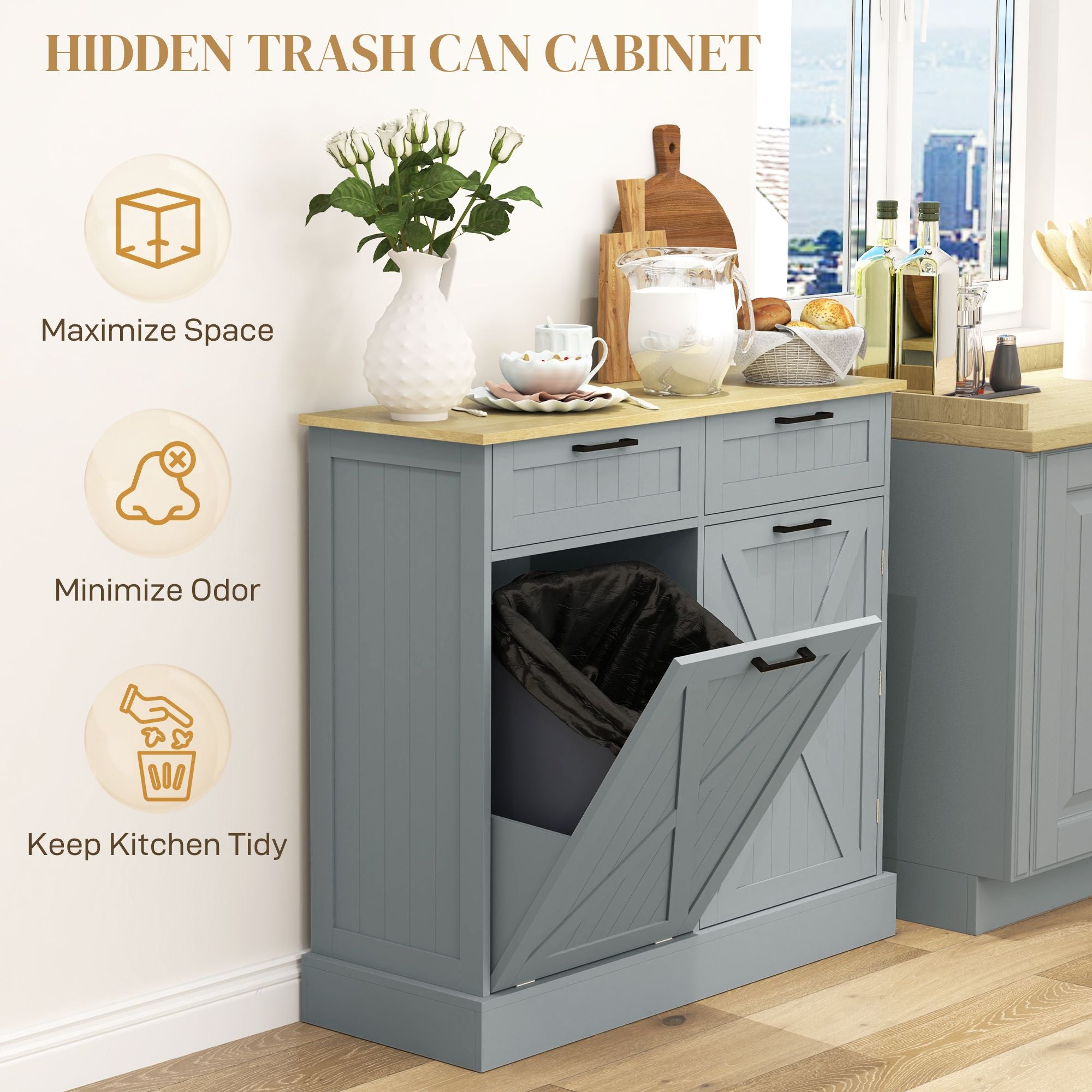 10 Gallon Farmhouse Cabinet with Hidden Trash Can and Drawers