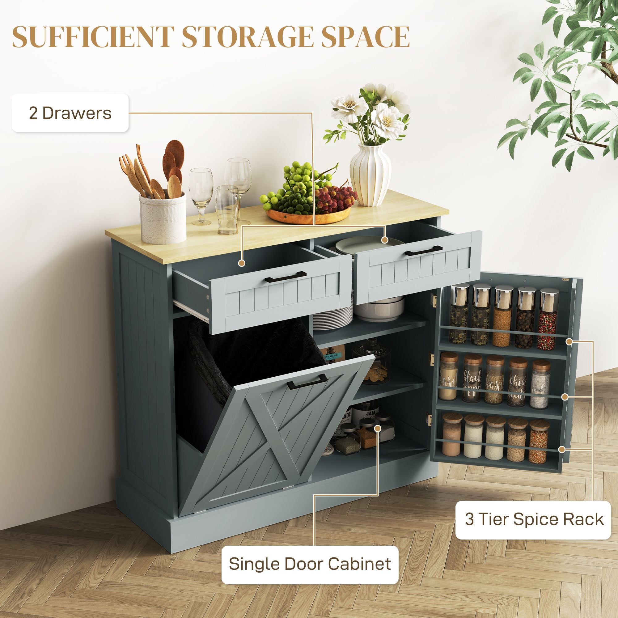 10 Gallon Farmhouse Cabinet with Hidden Trash Can and Drawers