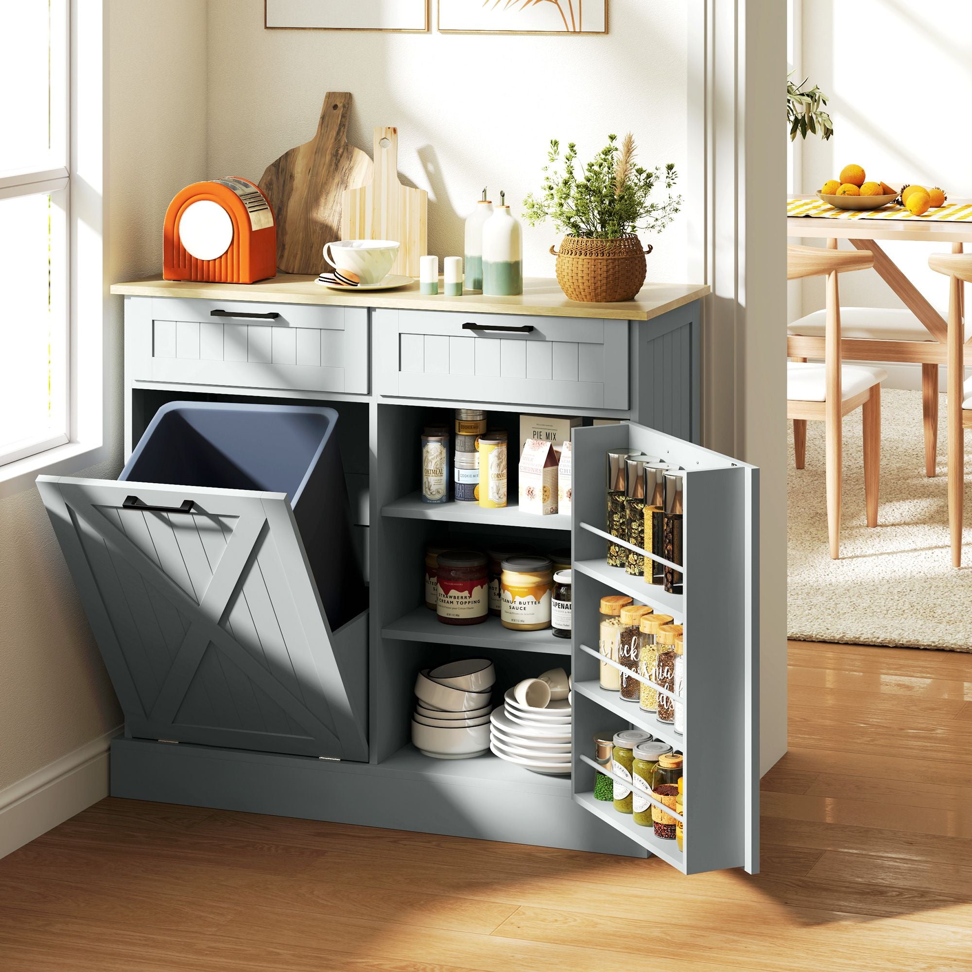 10 Gallon Farmhouse Cabinet with Hidden Trash Can and Drawers