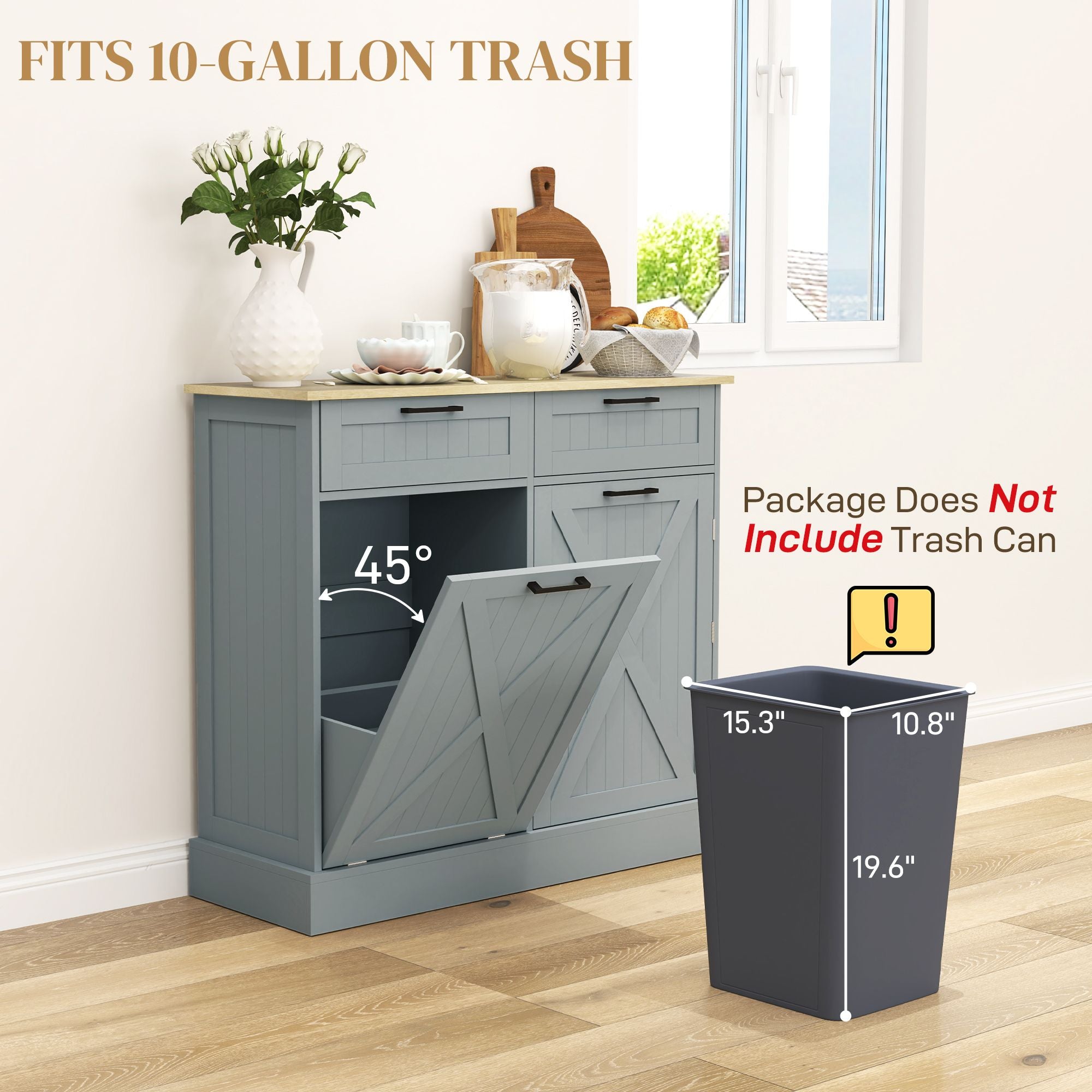 10 Gallon Farmhouse Cabinet with Hidden Trash Can and Drawers