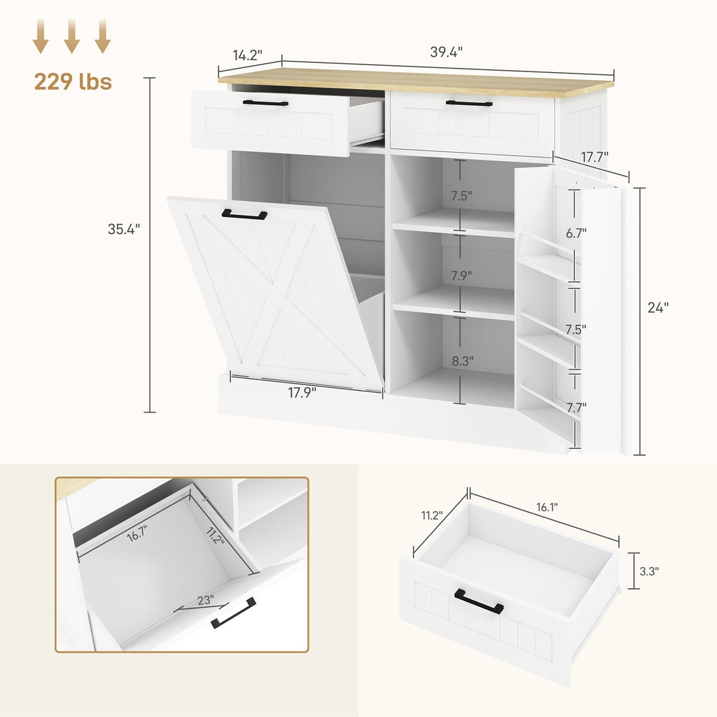 10 Gallon Farmhouse Kitchen Cabinet with Hidden Trash Can and 2 Drawers, Tilt Out Trash