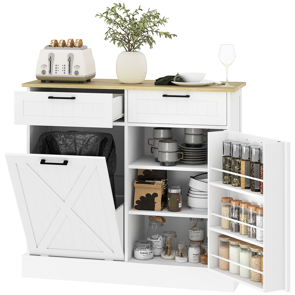 10 Gallon Farmhouse Kitchen Cabinet with Hidden Trash Can and 2 Drawers, Tilt Out Trash