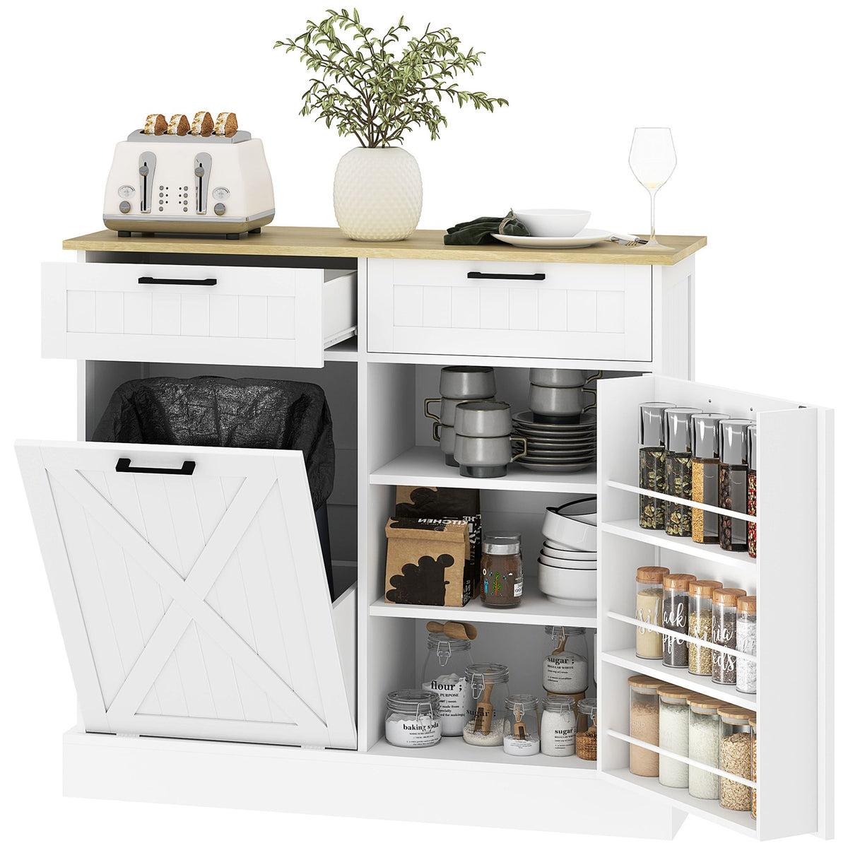 10 Gallon Farmhouse Kitchen Cabinet with Hidden Trash Can and 2 Drawers, Tilt Out Trash