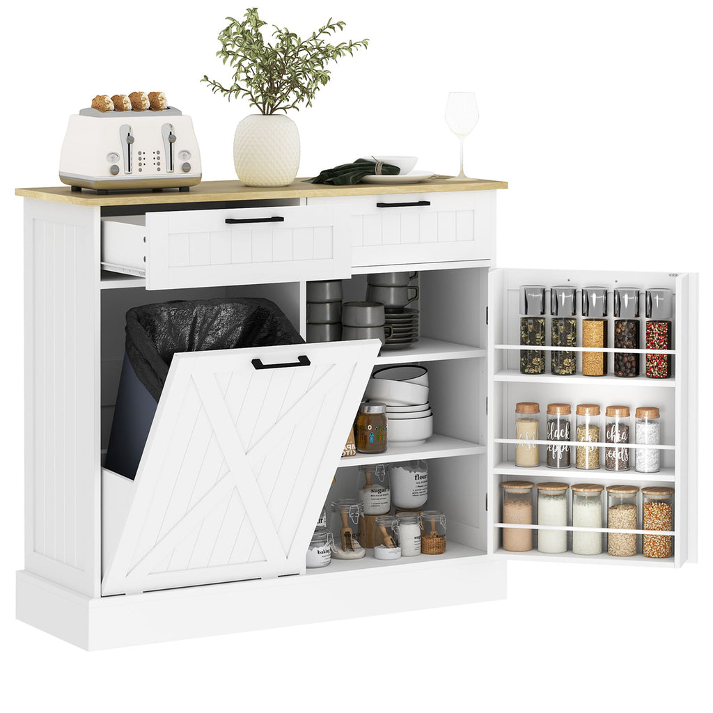 10 Gallon Farmhouse Kitchen Cabinet with Hidden Trash Can and 2 Drawers, Tilt Out Trash
