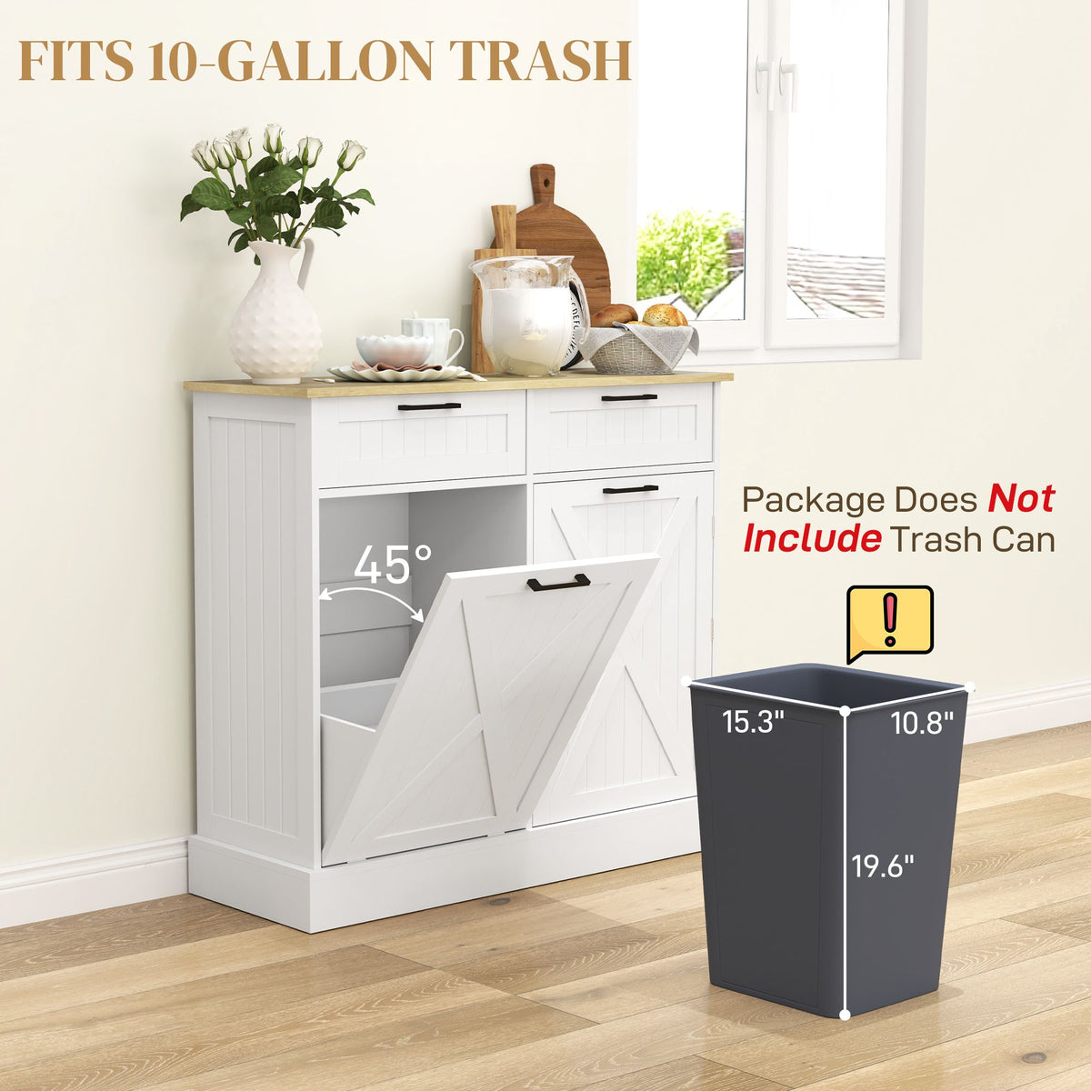 10 Gallon Farmhouse Kitchen Cabinet with Hidden Trash Can and 2 Drawers, Tilt Out Trash
