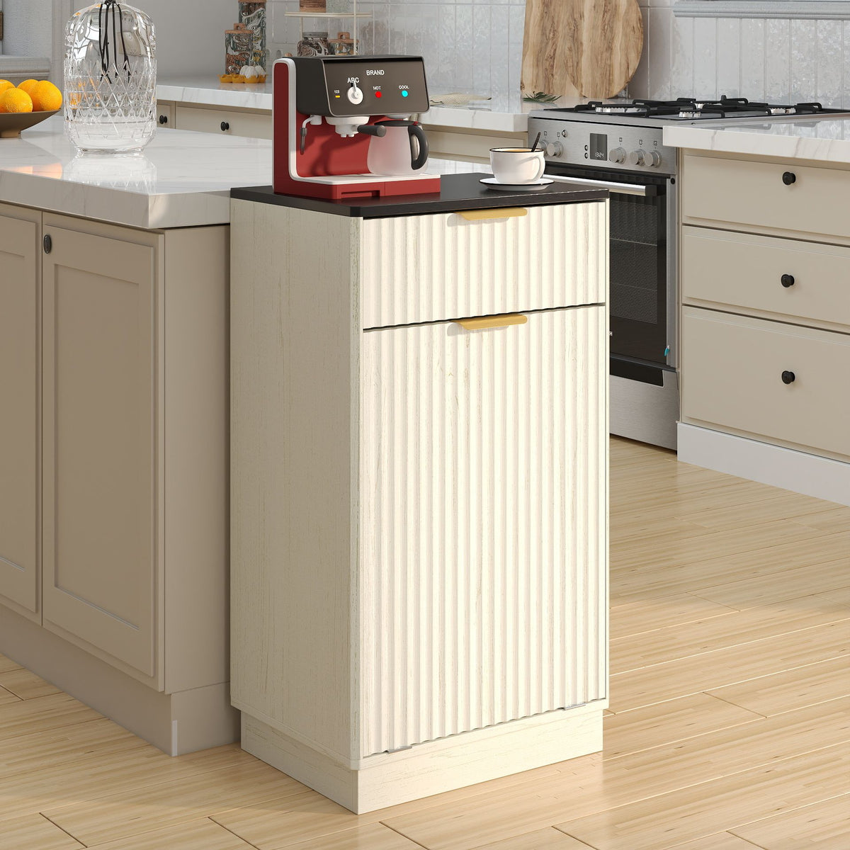 Tilt-Out Trash Cabinet with Wave-Textured Drawer and Pull-Out Bin