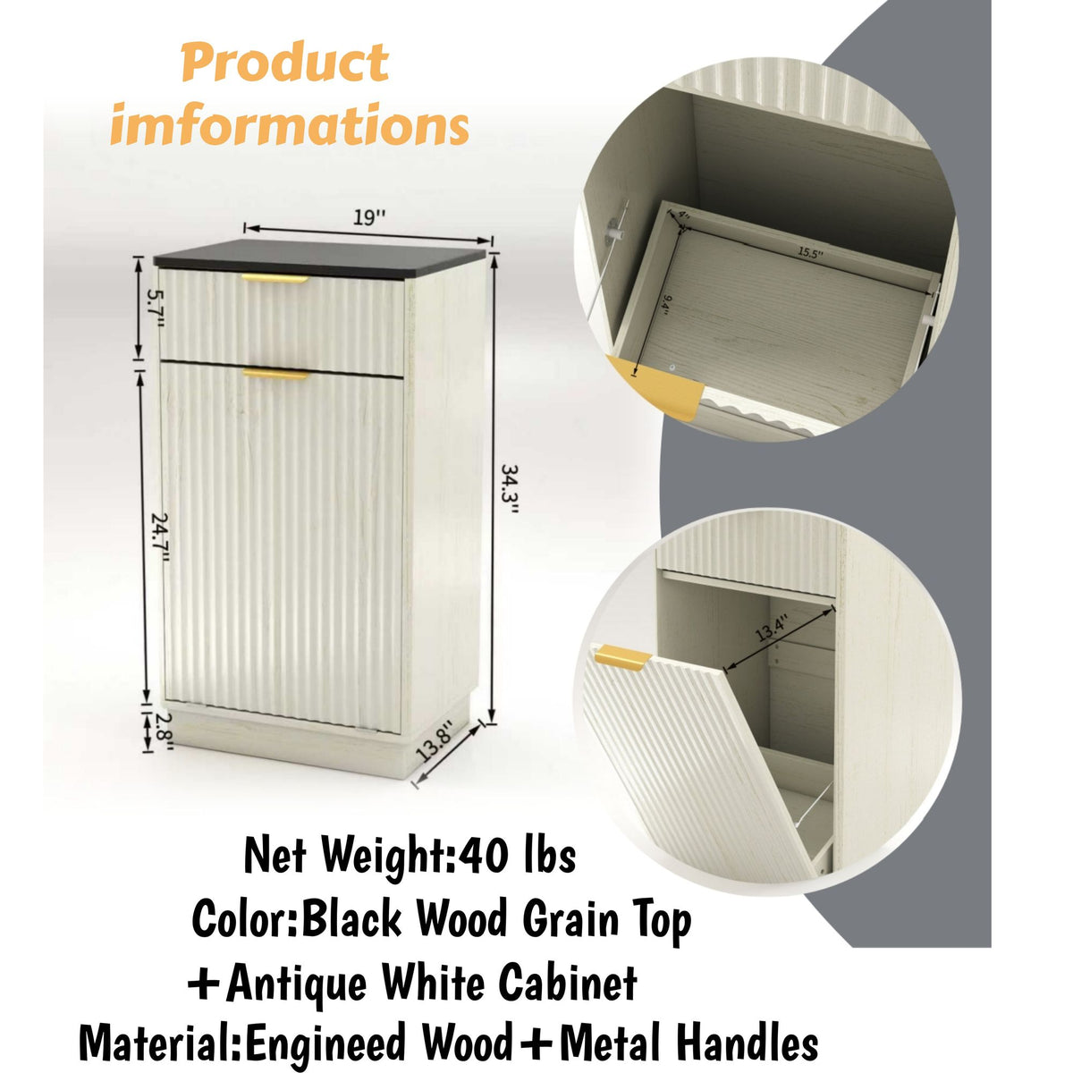 Tilt-Out Trash Cabinet with Wave-Textured Drawer and Pull-Out Bin