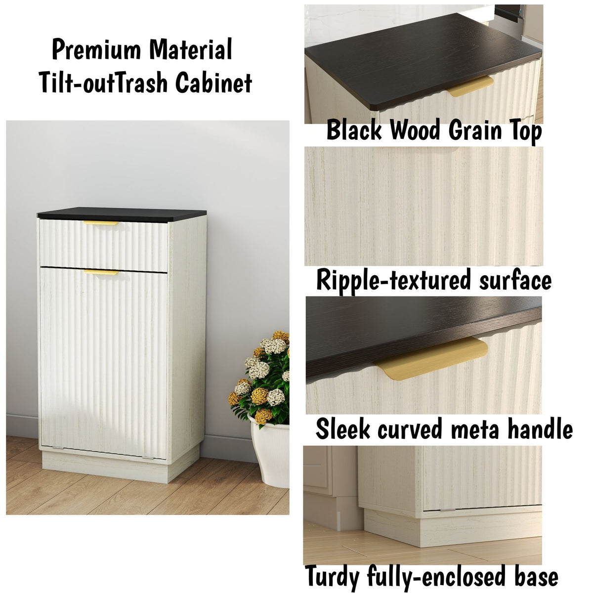 Tilt-Out Trash Cabinet with Wave-Textured Drawer and Pull-Out Bin