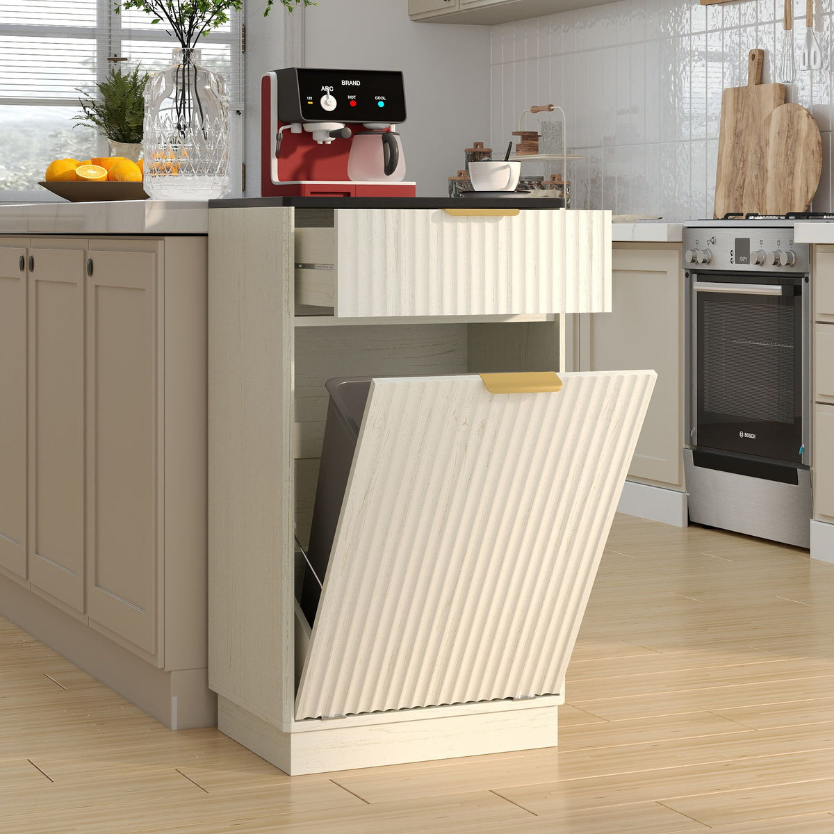 Tilt-Out Trash Cabinet with Wave-Textured Drawer and Pull-Out Bin