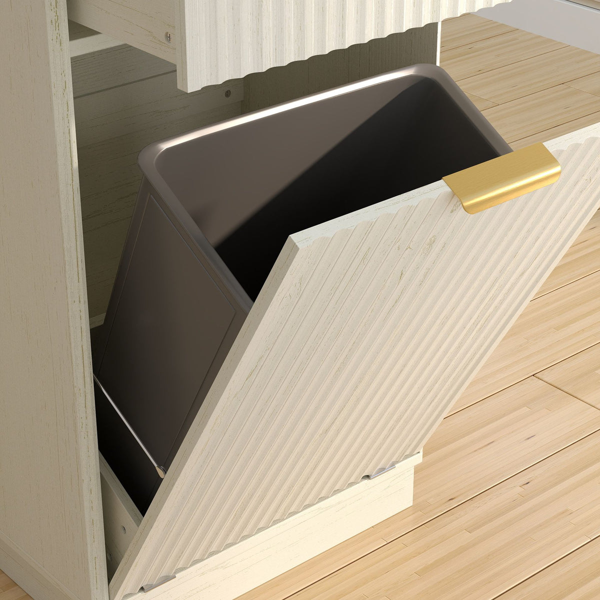 Tilt-Out Trash Cabinet with Wave-Textured Drawer and Pull-Out Bin