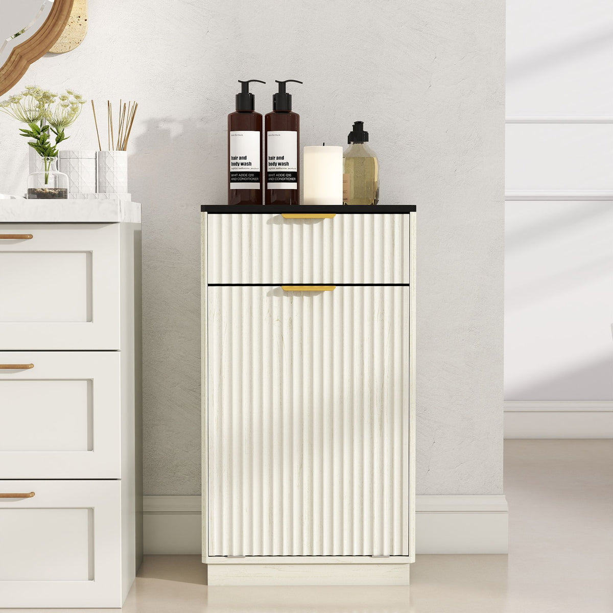 Tilt-Out Trash Cabinet with Wave-Textured Drawer and Pull-Out Bin