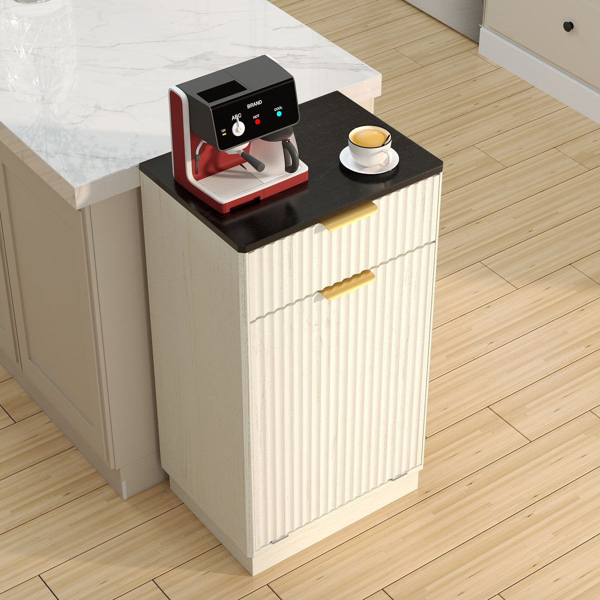 Tilt-Out Trash Cabinet with Wave-Textured Drawer and Pull-Out Bin