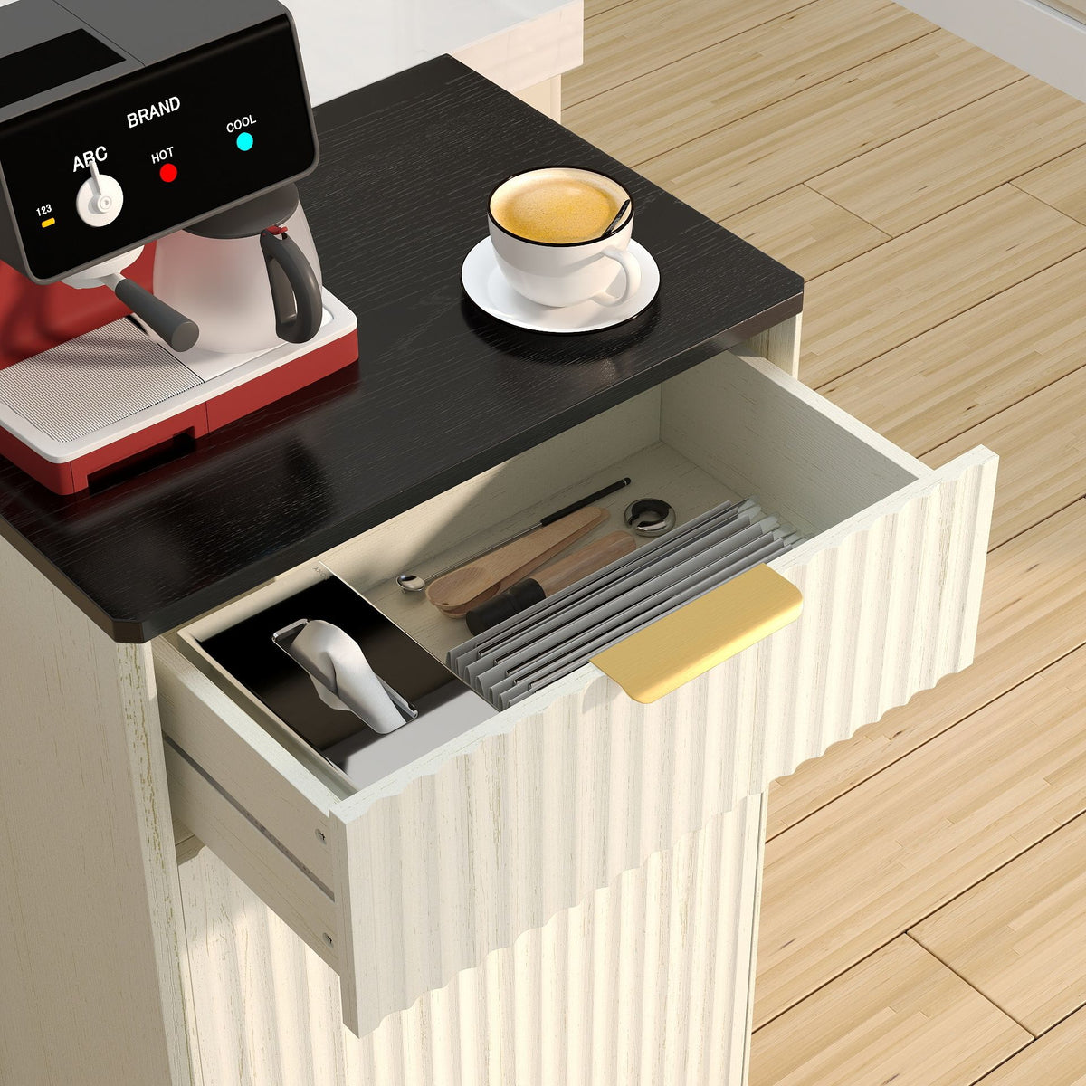 Tilt-Out Trash Cabinet with Wave-Textured Drawer and Pull-Out Bin