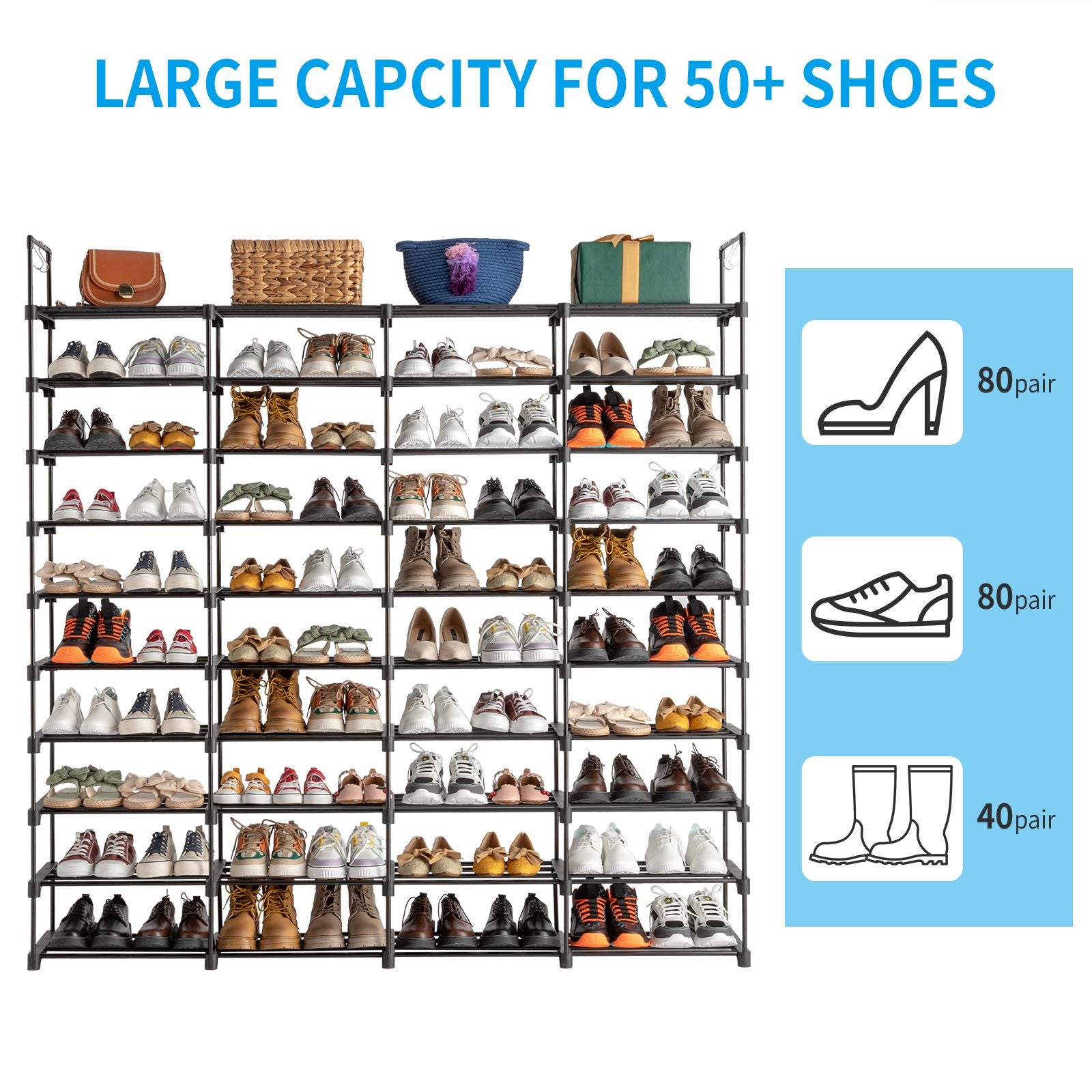 Versatile Shoe Storage Rack with Hooks for Closet and Entryway