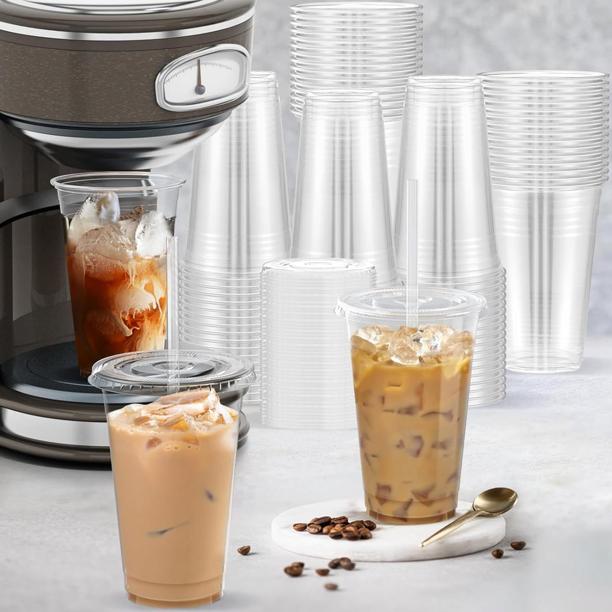 100 Pack - Clear Plastic Cups with Lids and Straws, Sturdy & Food Safe Iced Coffee Cups with l