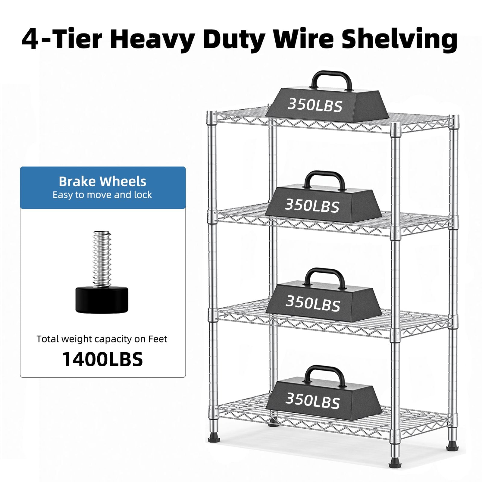 Storage Shelving 4-Tier Utility Shelving Unit Steel Organizer Wire Rack for Home,Kitchen,Of