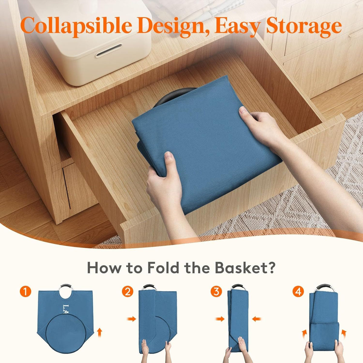 Collapsible Laundry Hamper with Handles, Blue, 2-Pack