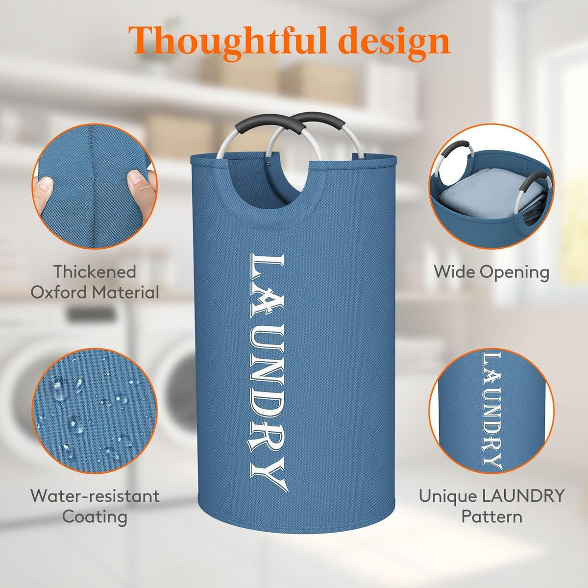 Collapsible Laundry Hamper with Handles, Blue, 2-Pack