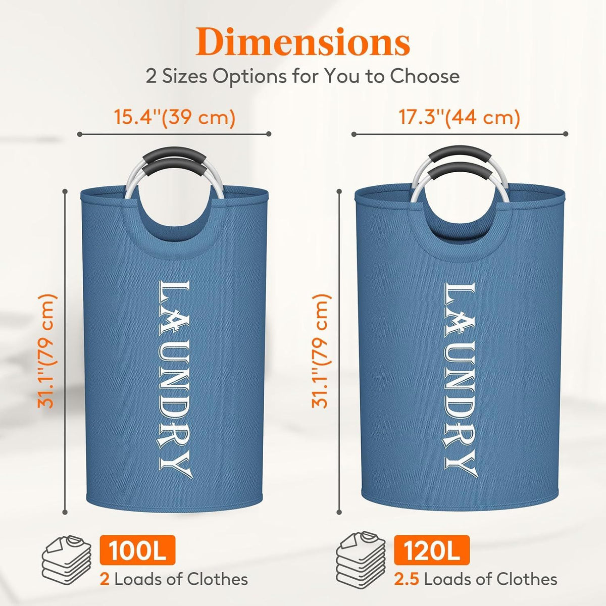 Collapsible Laundry Hamper with Handles, Blue, 2-Pack
