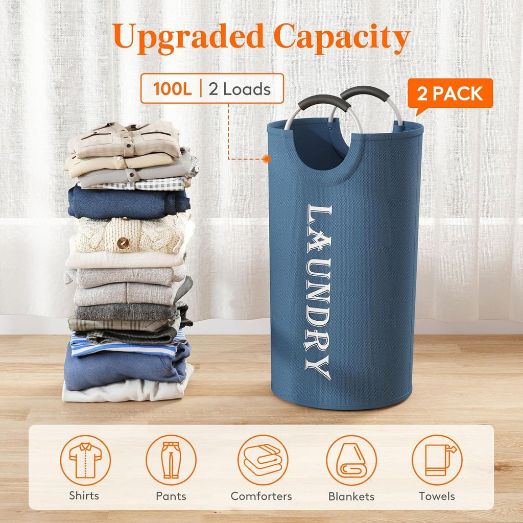 Collapsible Laundry Hamper with Handles, Blue, 2-Pack
