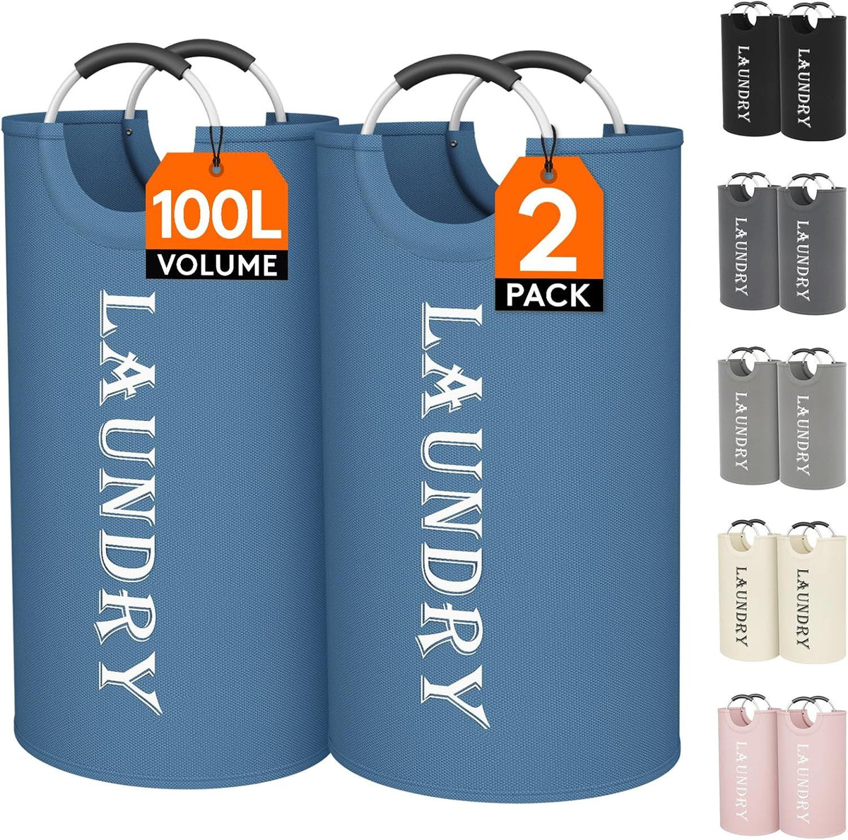 Collapsible Laundry Hamper with Handles, Blue, 2-Pack