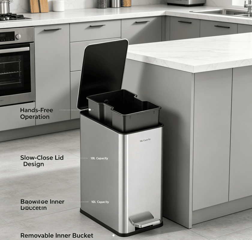 Dual-Compartment Step Trash Can with Slow-Close Lid