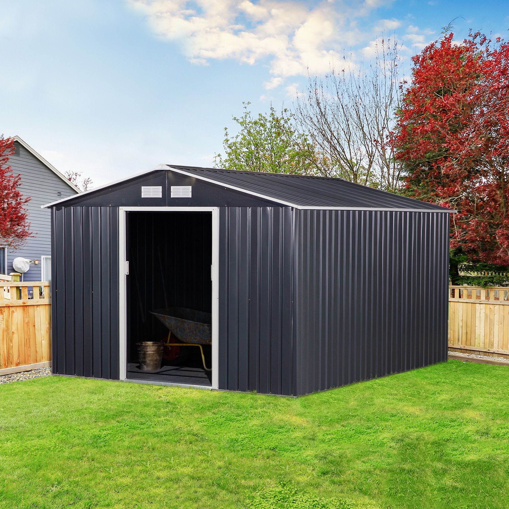 Metal Storage Shed with Double Sliding Doors and 4 Air Vents for Organized Backyard