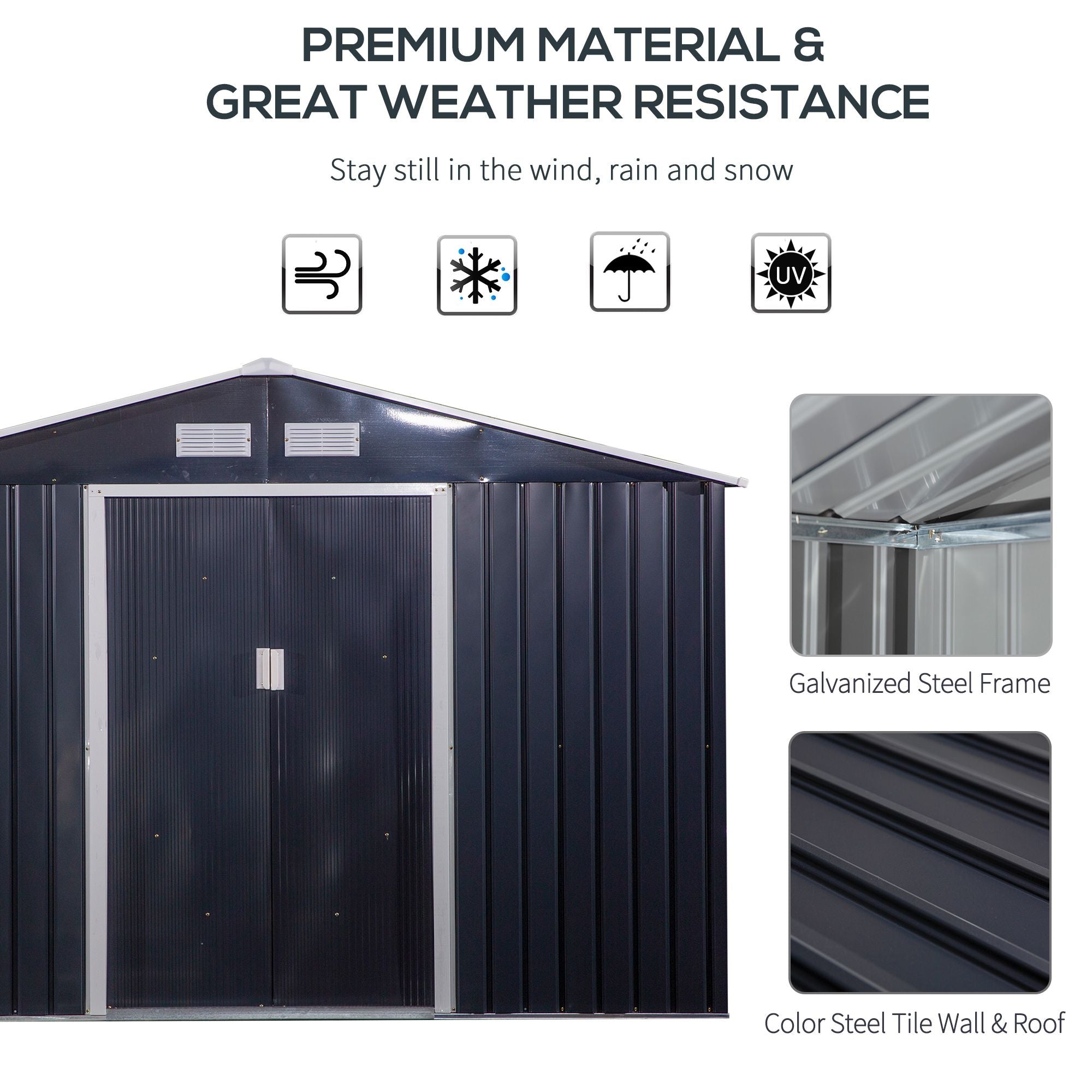 Metal Storage Shed with Double Sliding Doors and 4 Air Vents for Organized Backyard
