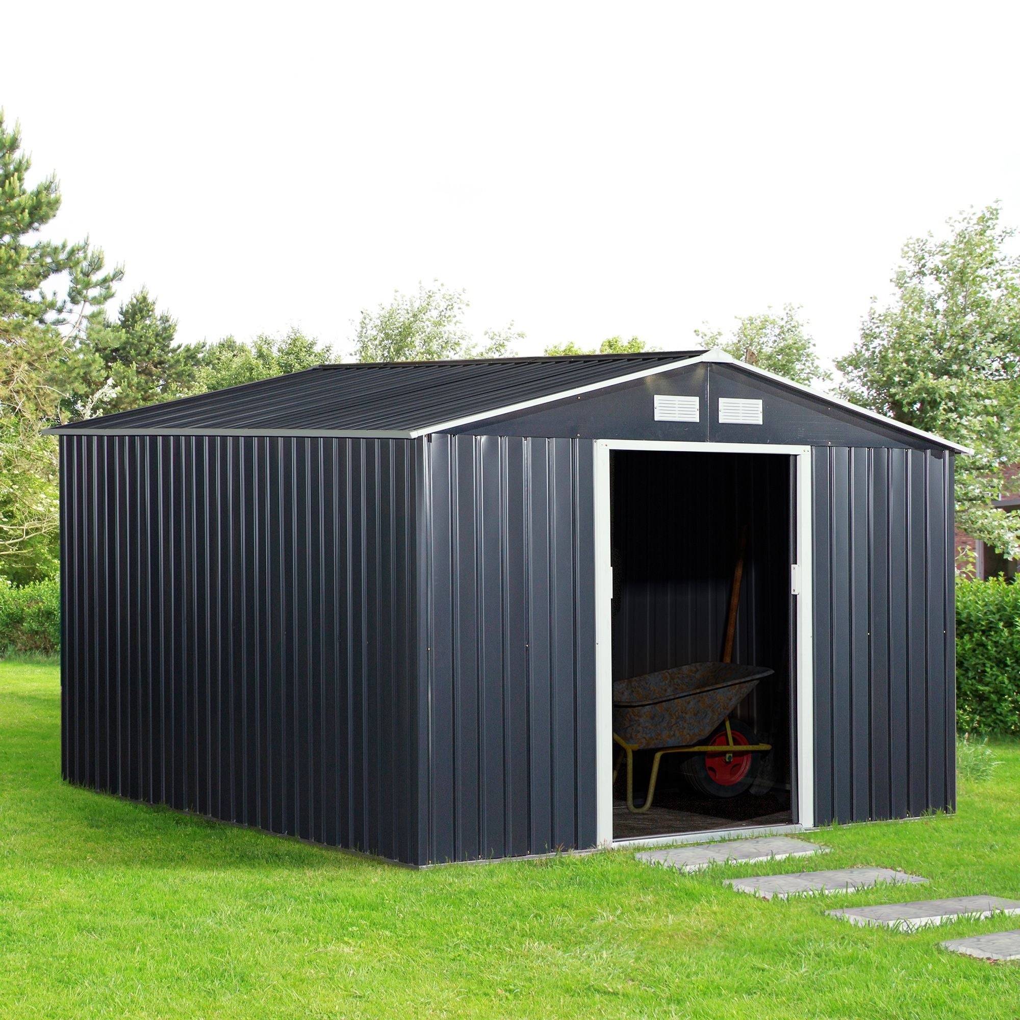 Metal Storage Shed with Double Sliding Doors and 4 Air Vents for Organized Backyard