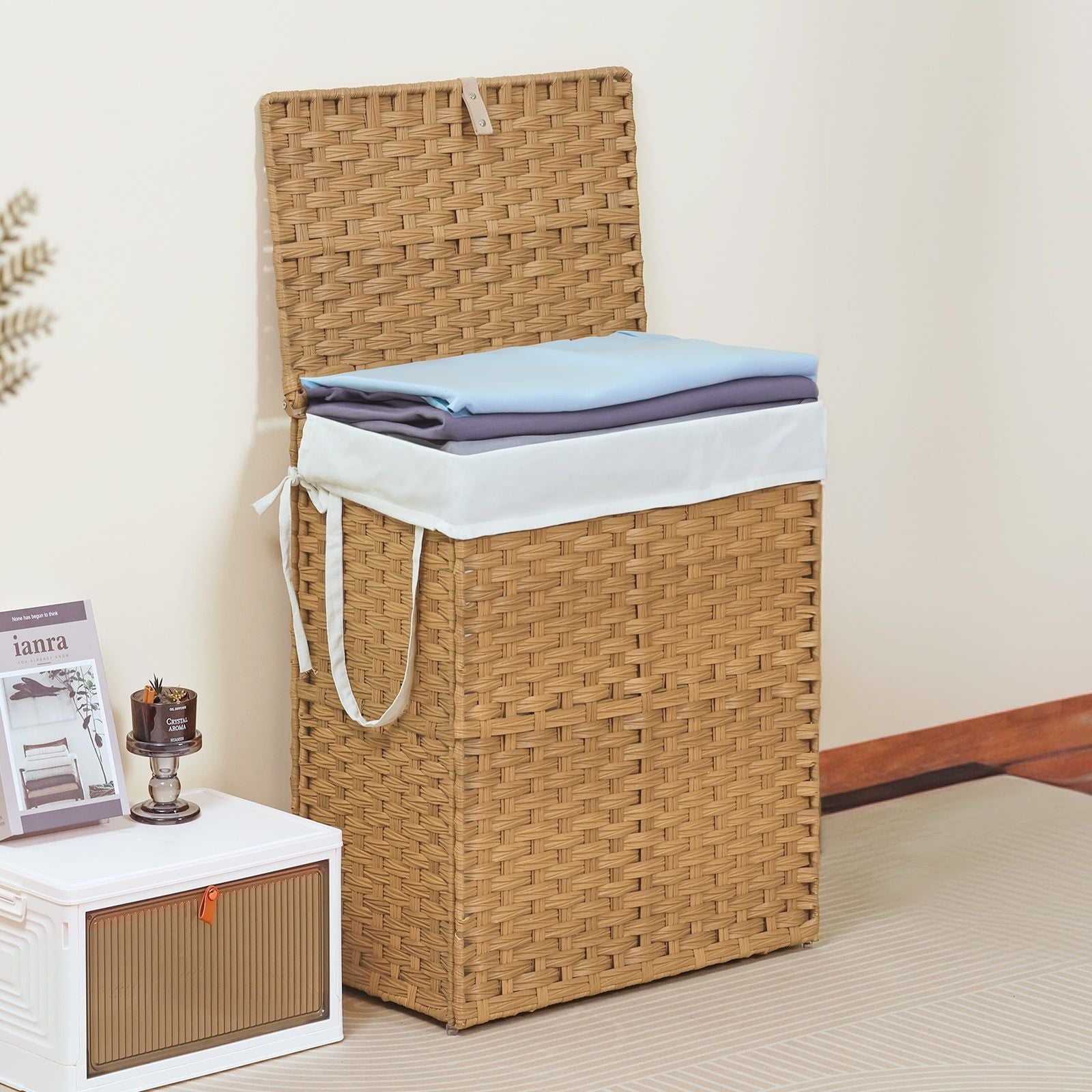 110L Foldable Laundry Basket with Lid – Hand-Woven PP Rattan Hamper