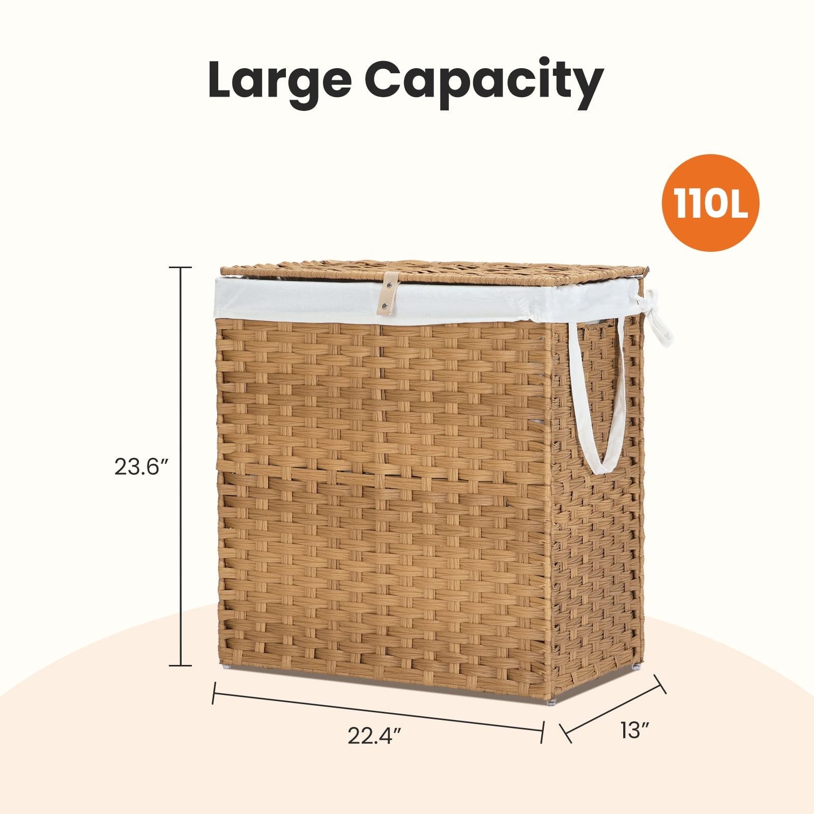 110L Foldable Laundry Basket with Lid – Hand-Woven PP Rattan Hamper