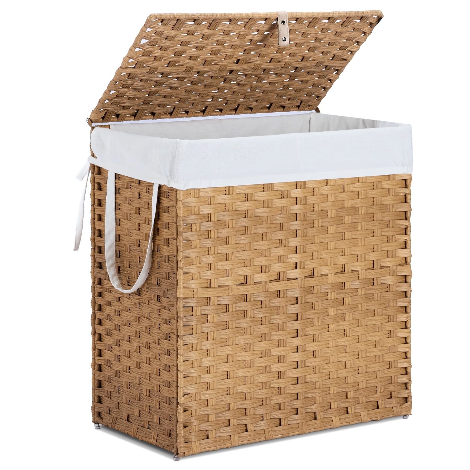 110L Foldable Laundry Basket with Lid – Hand-Woven PP Rattan Hamper