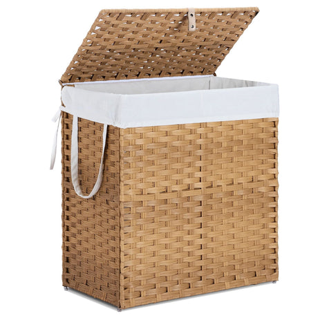 110L Foldable Laundry Basket with Lid – Hand-Woven PP Rattan Hamper