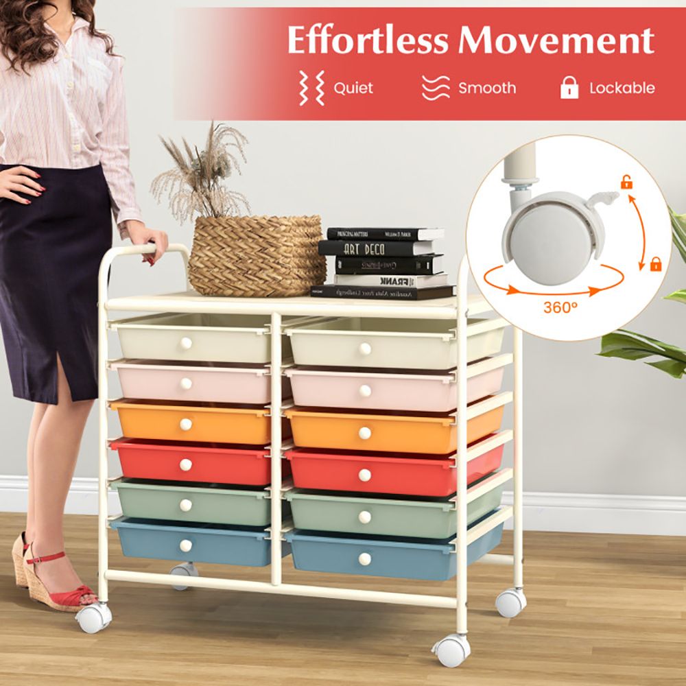 12 Drawers Rolling Storage Cart with Transparent Drawers and Brake Wheels