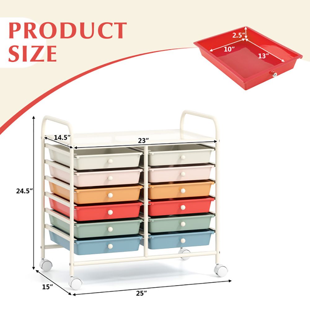 12 Drawers Rolling Storage Cart with Transparent Drawers and Brake Wheels