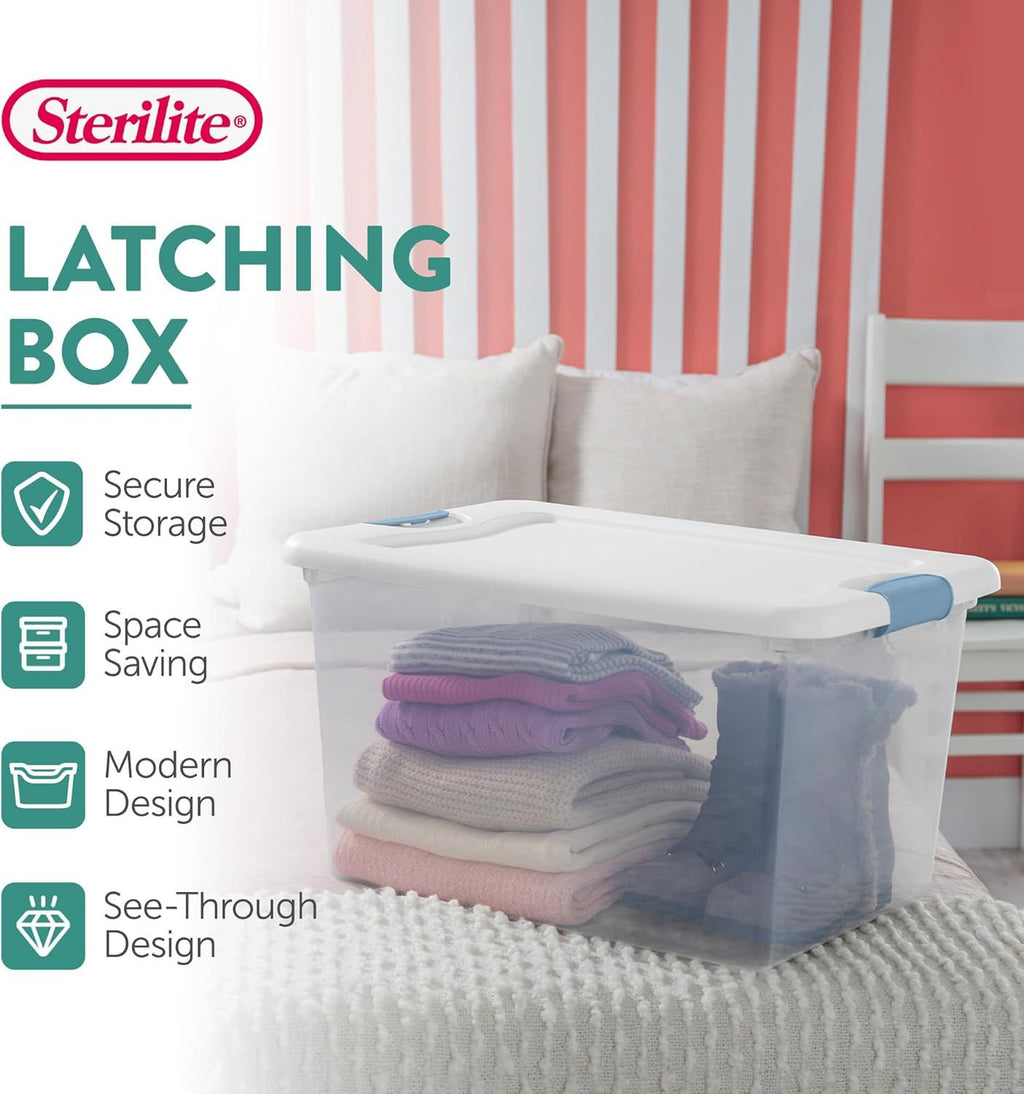 Latching Organizer Bins with White Lids for Closet, Pantry, and Garage