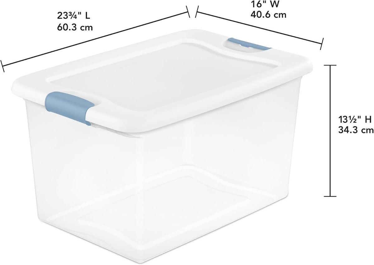 Latching Organizer Bins with White Lids for Closet, Pantry, and Garage