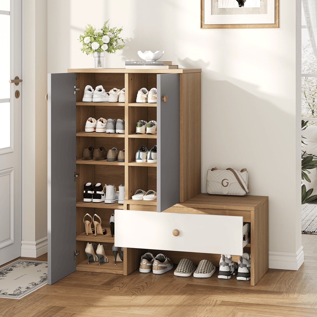Shoe Storage Cabinet with Bench and Adjustable Shelves - Modern Design for Entryway