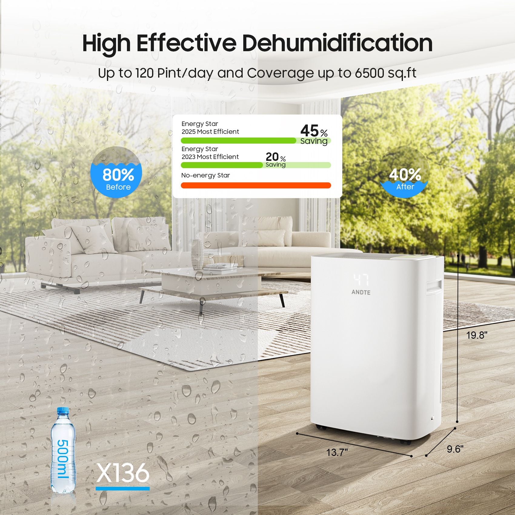 Smart Dehumidifier with Drain Hose and Touch Controls