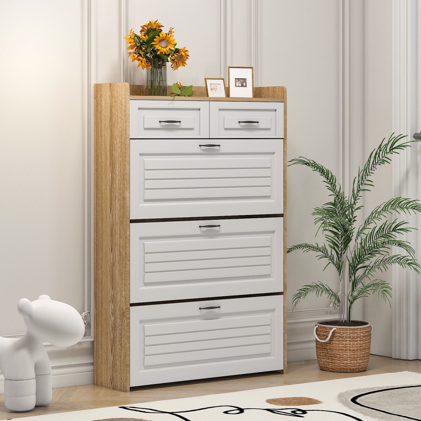1250 White +Oak Color shoe cabinet with 3 doors 2 drawers,large space for storage
