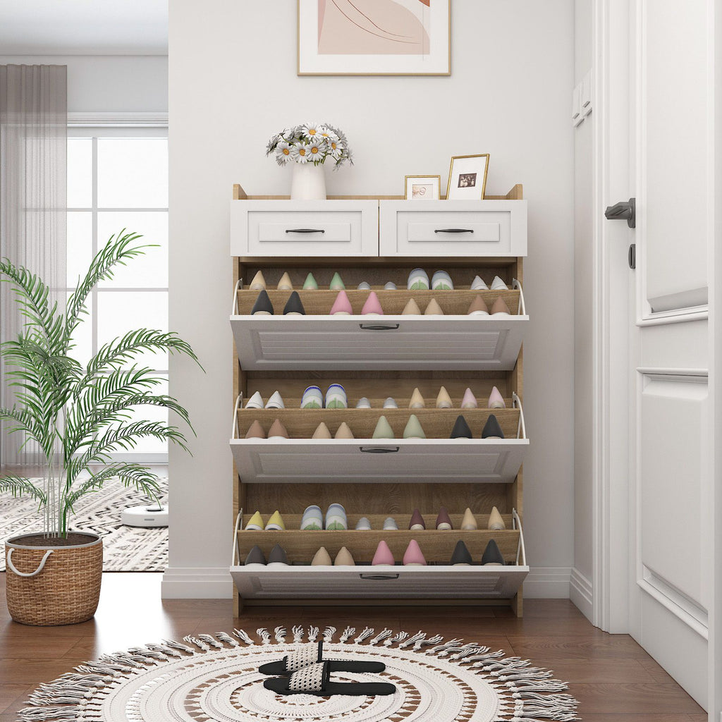 1250 White +Oak Color shoe cabinet with 3 doors 2 drawers,large space for storage