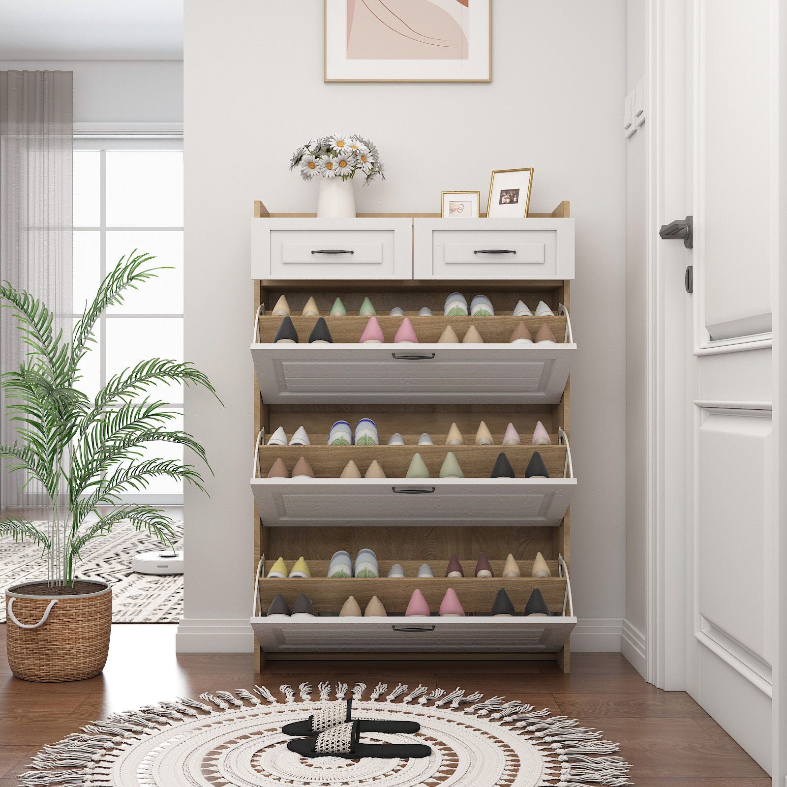 1250 White +Oak Color shoe cabinet with 3 doors 2 drawers,large space for storage