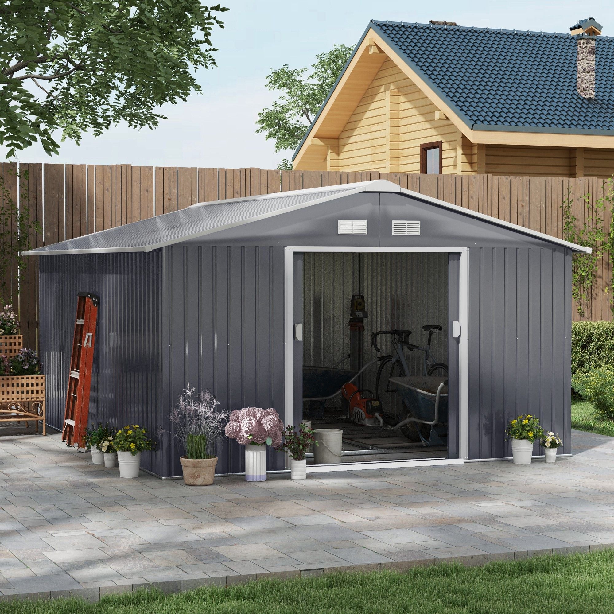 Double Sliding Door Storage Shed with Ventilation and Foundation Kit
